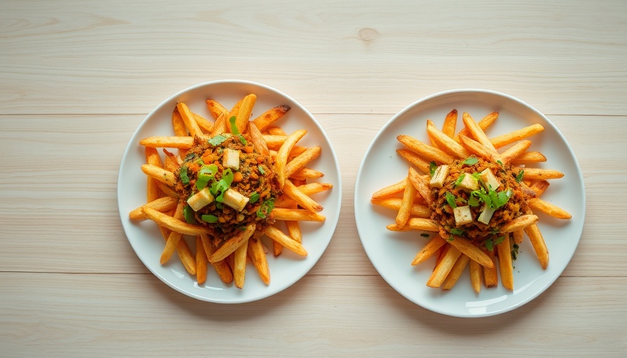 Dominican Loaded Fries served on a light wooden table, garnished artistically.