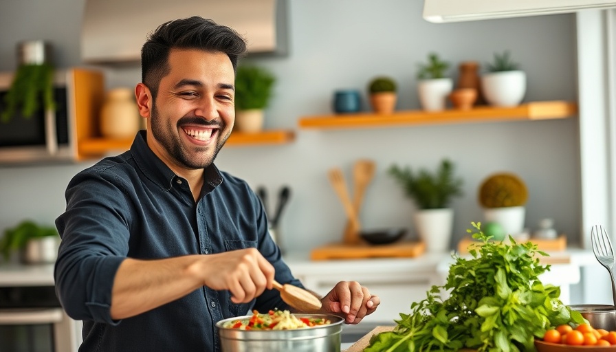Joyful man preparing ceviche peruano in a kitchen.