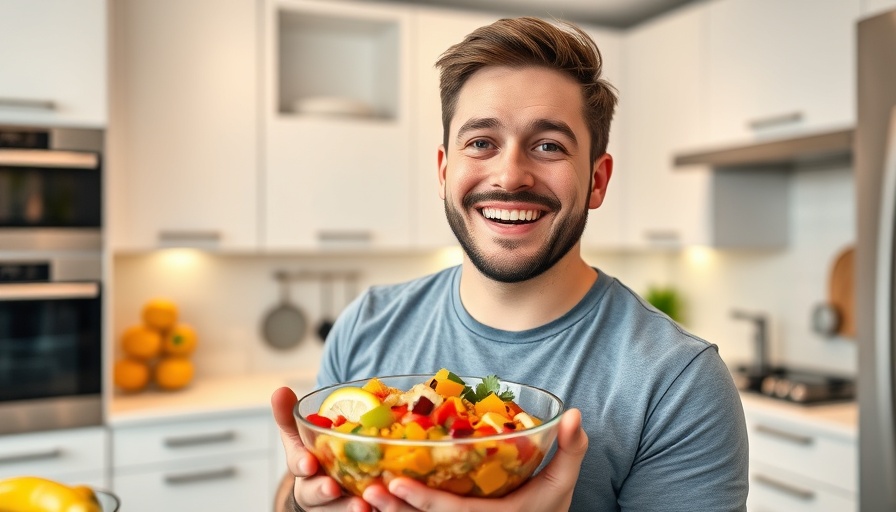Joyful man with ceviche peruano in modern kitchen, smiling brightly.
