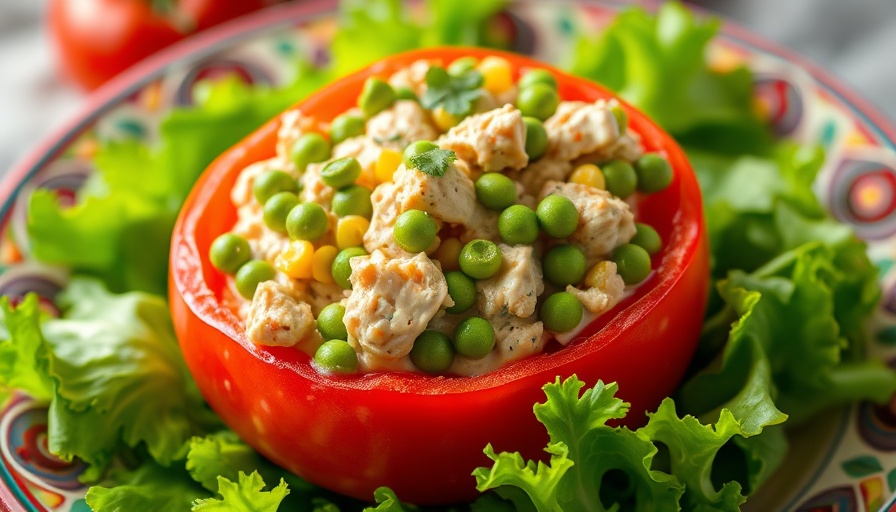 Tomates Rellenos de Atún with colorful vegetables on lettuce.