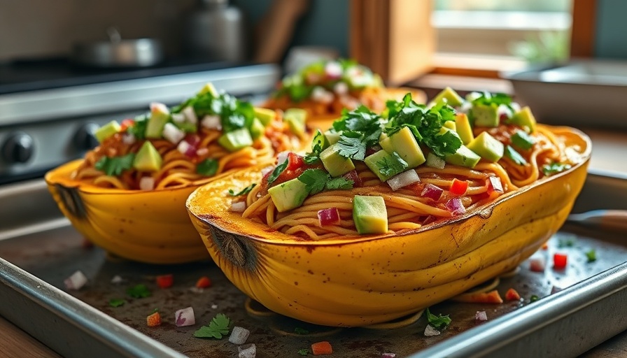 Stuffed spaghetti squash with avocado and onions.
