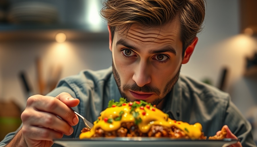 Curious man with sweet pepper huancaina in kitchen, vibrant setting.