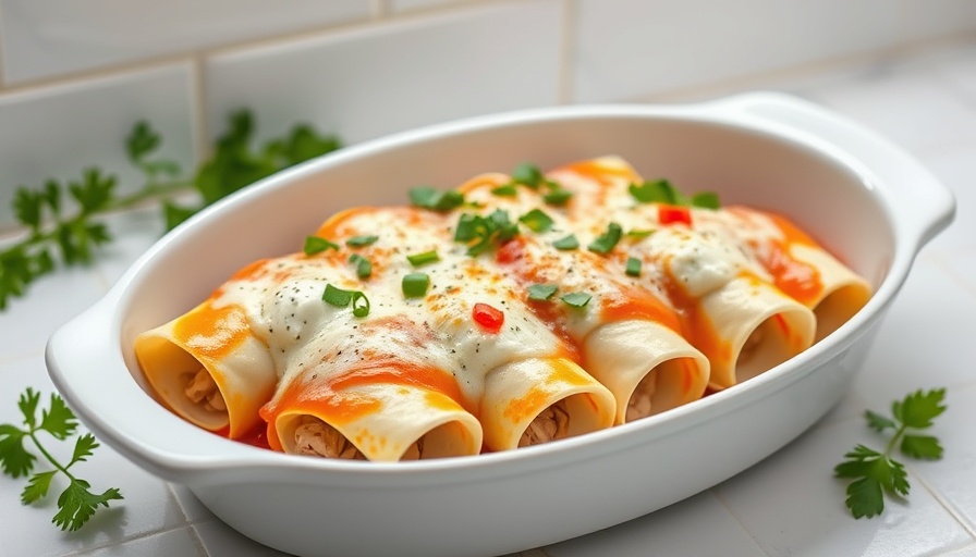 Cream cheese chicken enchiladas in white dish with garnishes.