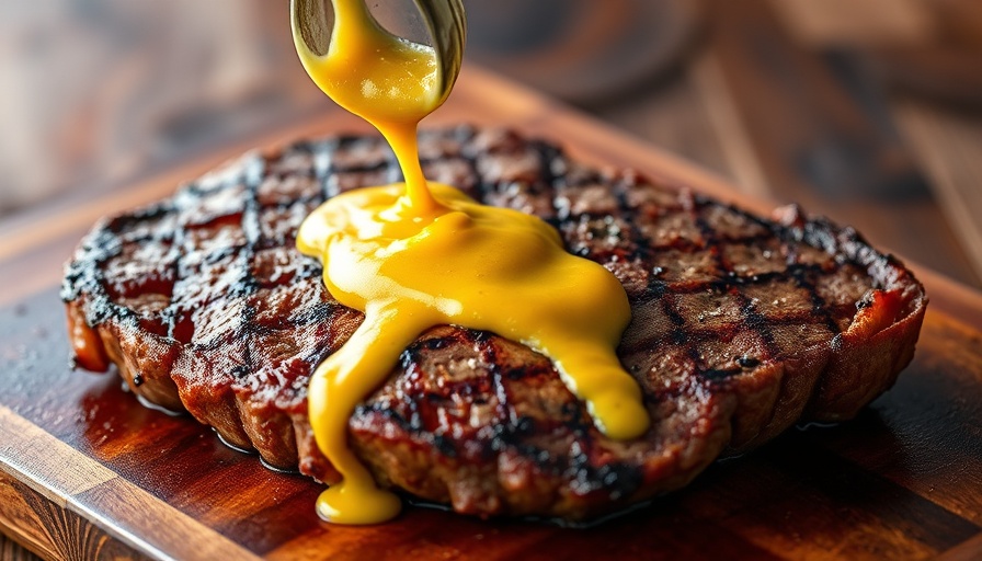 Juicy grilled beef with mustard on wood board.