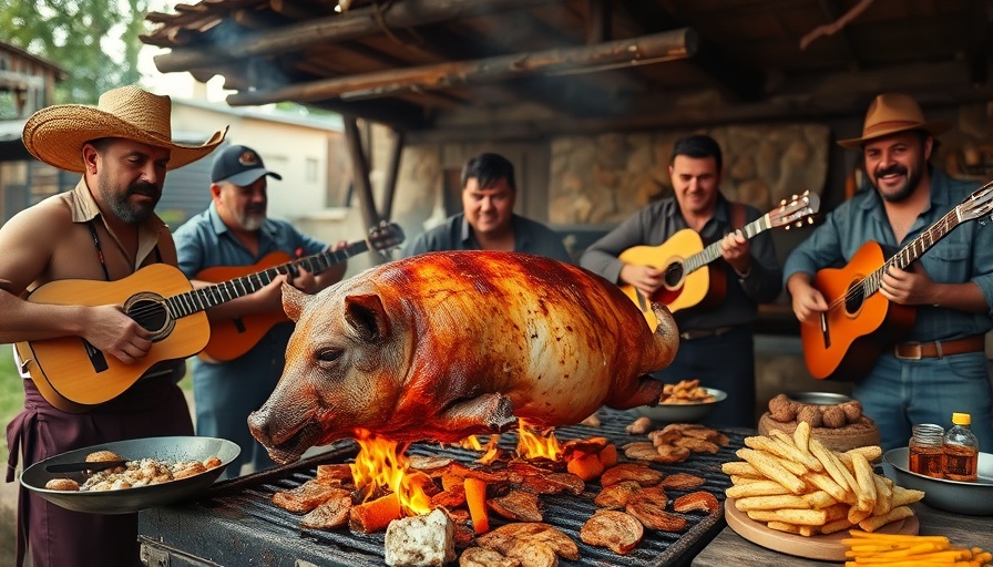 Chancho con pelo roasting with gauchos in a lively outdoor setting.