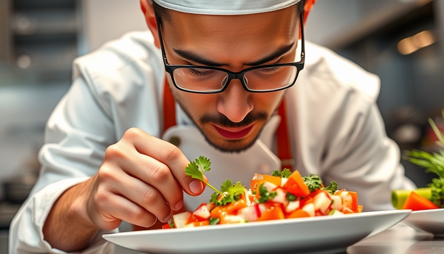 Chef preparing ceviche peruano in modern kitchen.