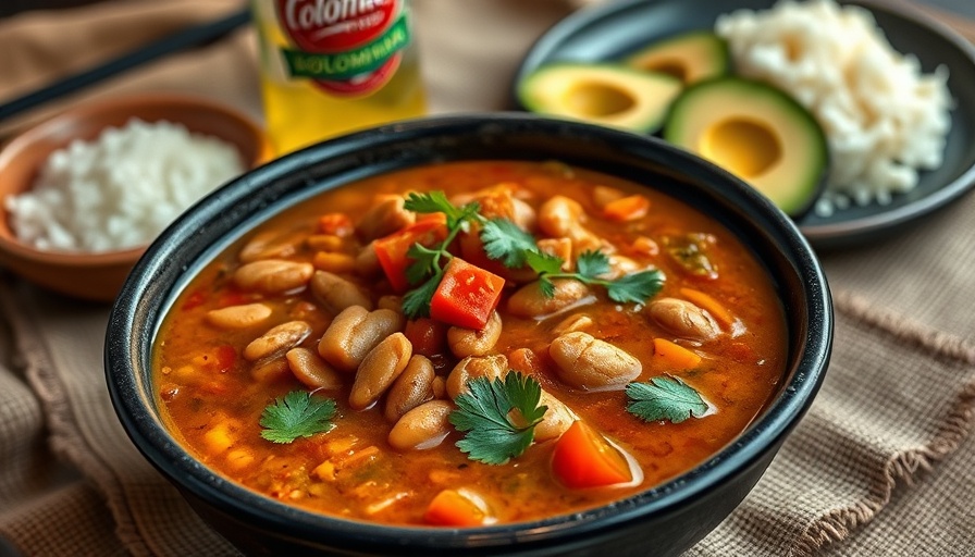 Colombian bean stew with avocado and rice, soft lighting.
