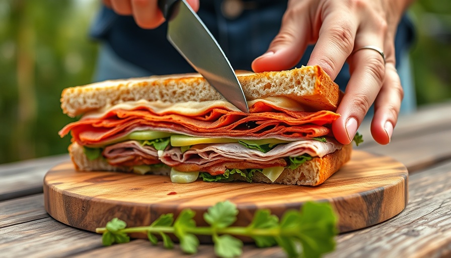 Argentinian sandwich de miga being sliced on a wooden board.