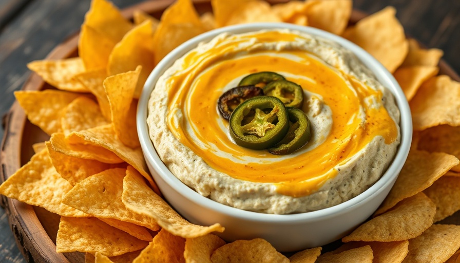 Golden poblano artichoke dip with tortilla chips on a wooden platter.