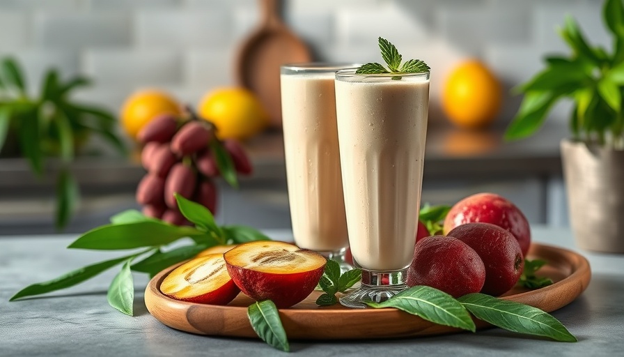 Batido de Mamey smoothie in tall glasses with fruit.