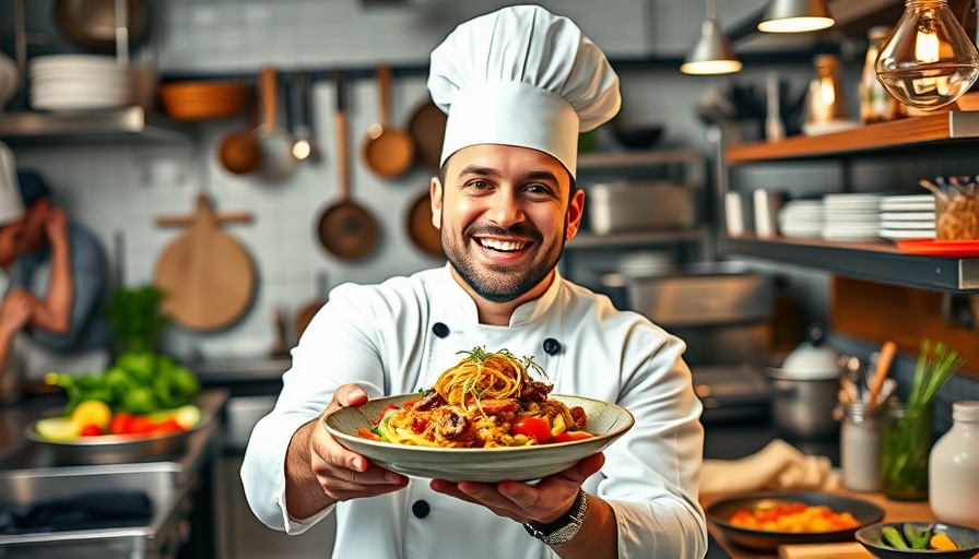 Chef presenting Peruvian cuisine in a vibrant kitchen.