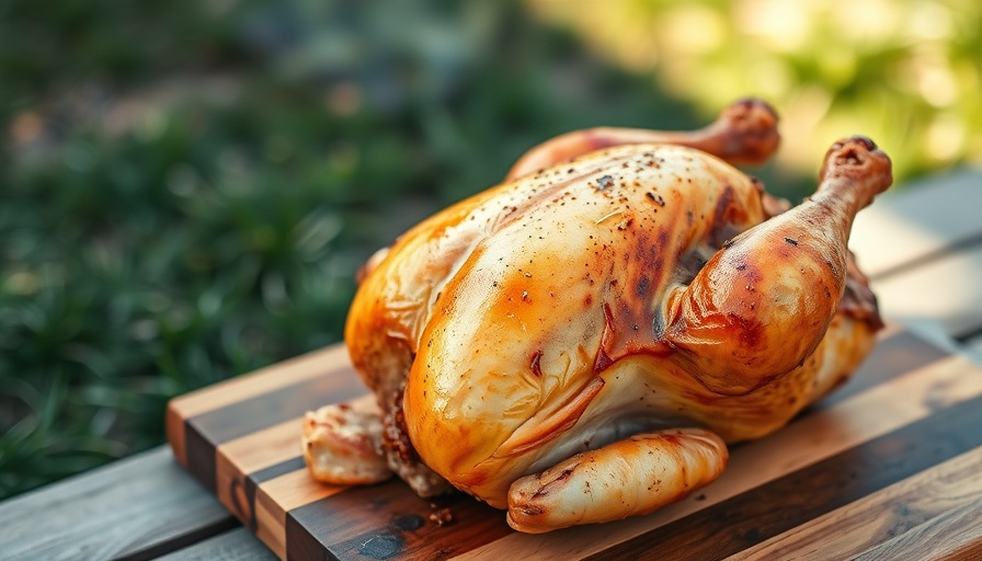 Pollo entero y deshuesado on wooden board in a sunny backyard setting.
