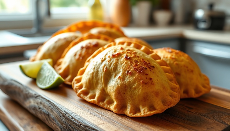 Golden Peruvian beef empanadas with limes on wooden board.