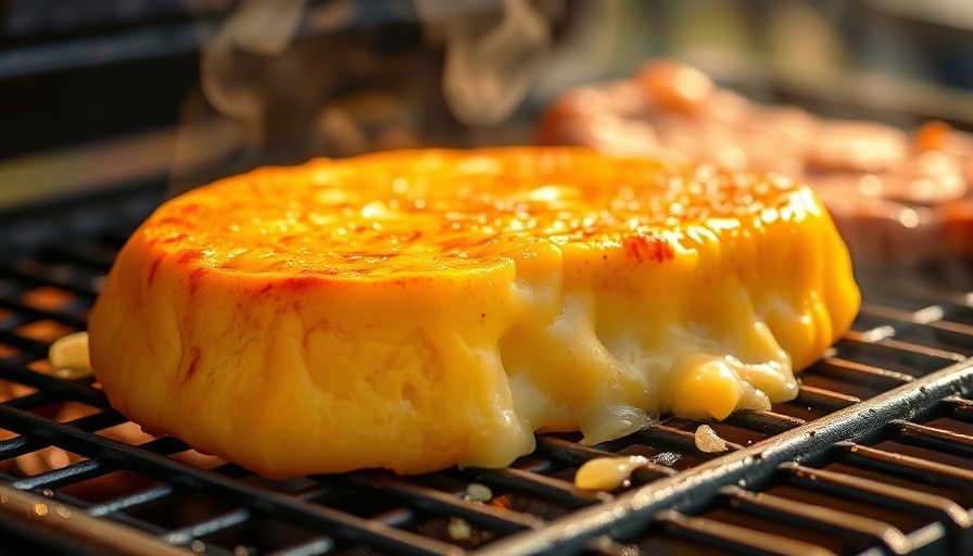 Golden Provoleta cheese grilling and bubbling on barbecue.
