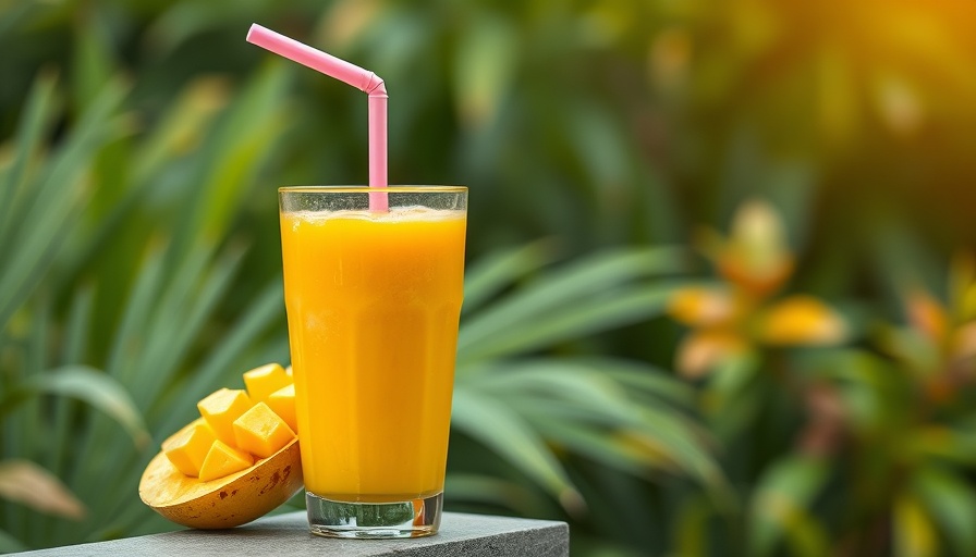 Vibrant mango milkshake with straw outdoors.