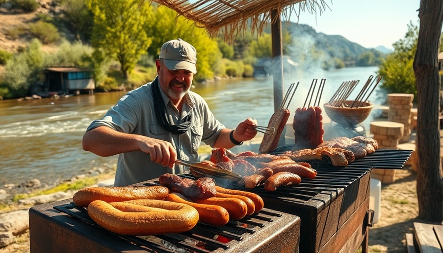 Argentine man grills meats outdoors by riverside for authentic asado argentino.