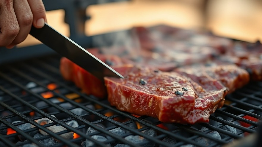 Close-up of traditional Argentinian BBQ with grilled meats, smoke, and glowing charcoals.