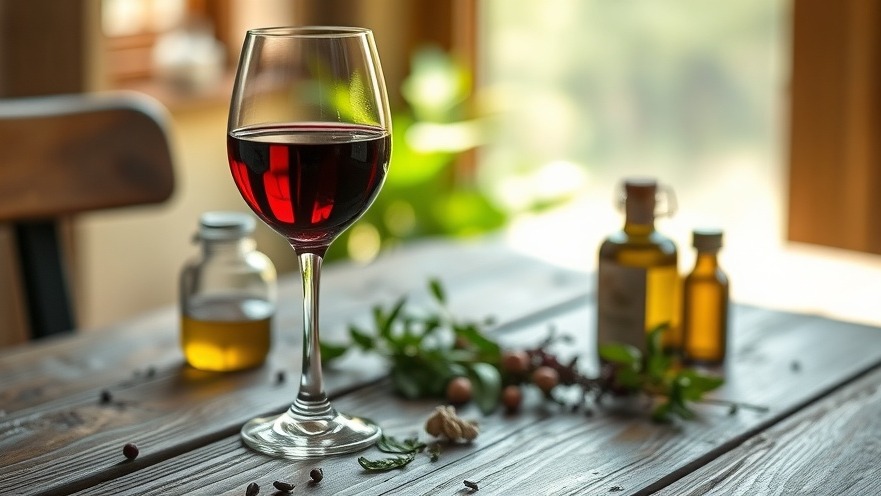 A glass of red wine with herbs, symbolizing ancient wine practices for health relief.