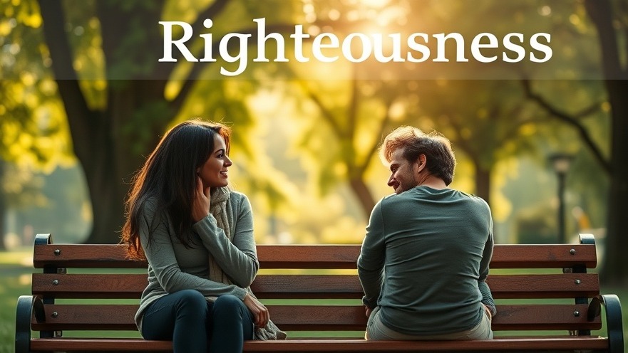 Two friends discuss biblical righteousness in a serene park, symbolizing spiritual growth.