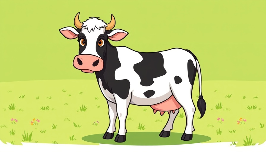 Simple cartoon cow on pasture, climate tech companies to watch 2025.