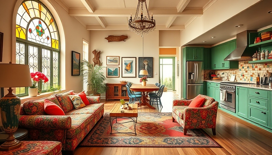 Colorful home design with vibrant living room and green kitchen.