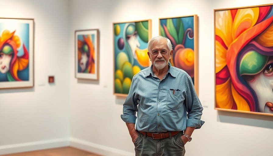 Art as Healing in Dumfries: man displaying colorful framed artwork.
