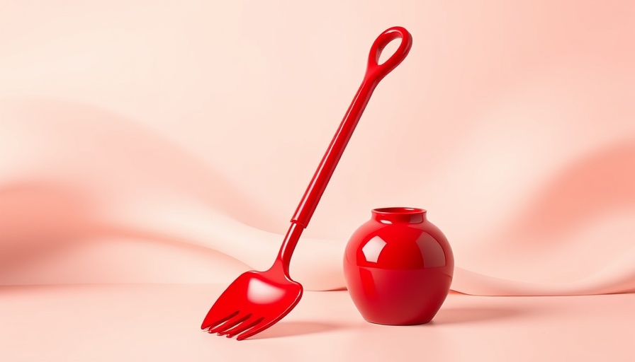 Red long-handled bulb planter on abstract pastel background.