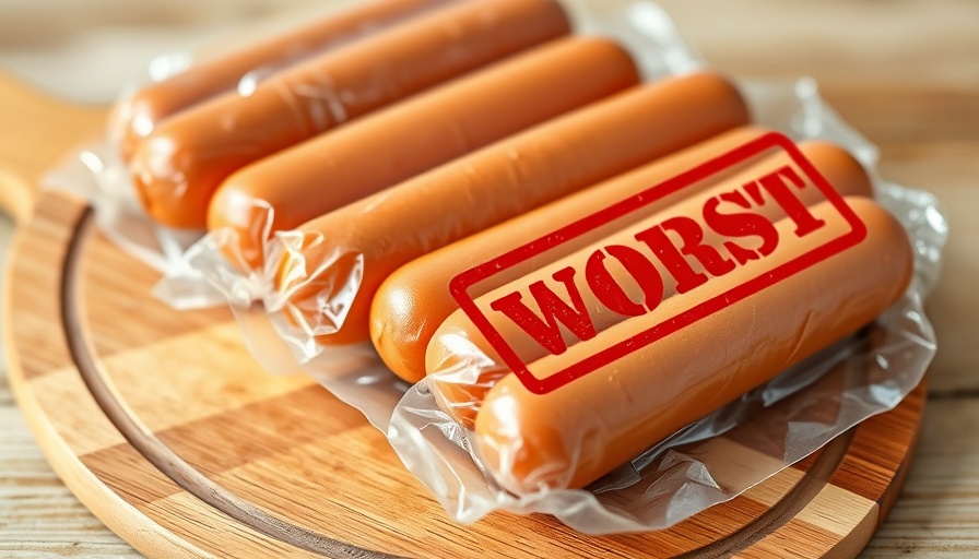 Packaged hot dogs with 'worst' label on wooden board, worst hot dogs full of fillers.
