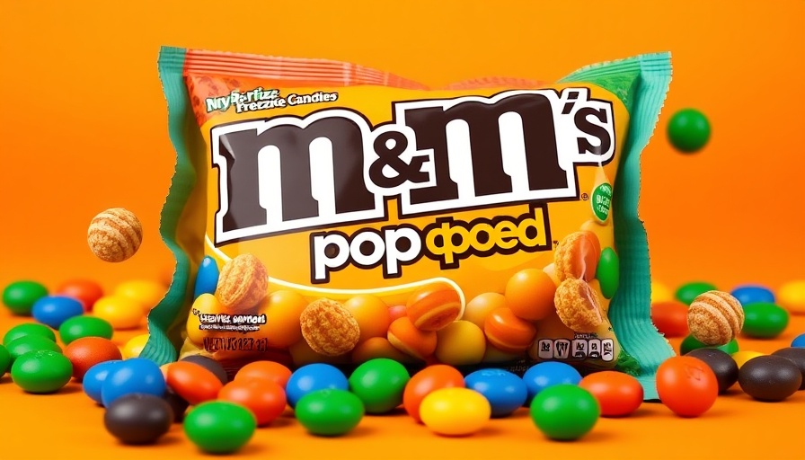 M&M's freeze-dried candy in vibrant packaging against an orange backdrop.