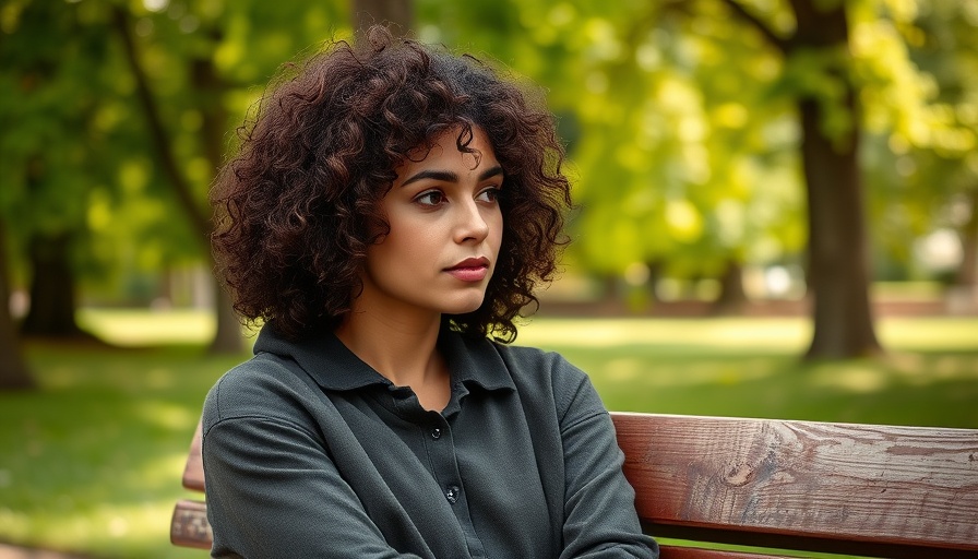 Contemplative woman on a park bench, serene atmosphere.