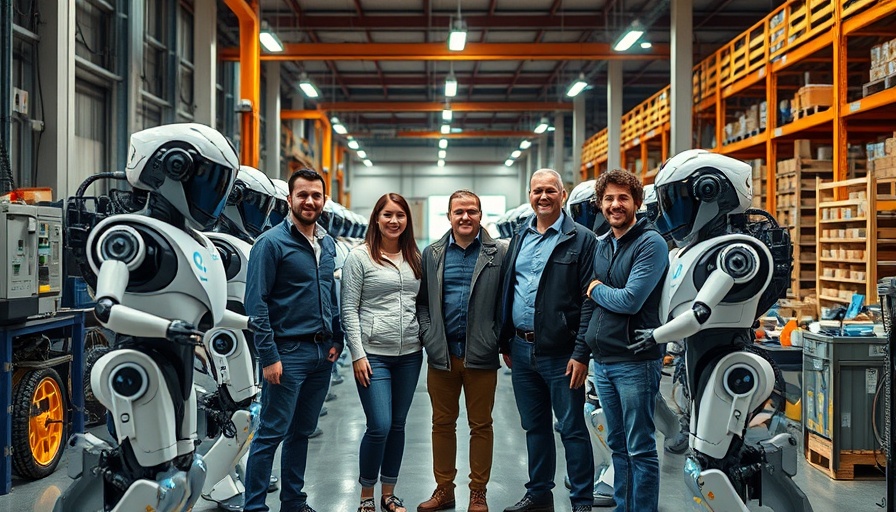 Team with AI waste-sorting robots in a factory, showcasing innovation.