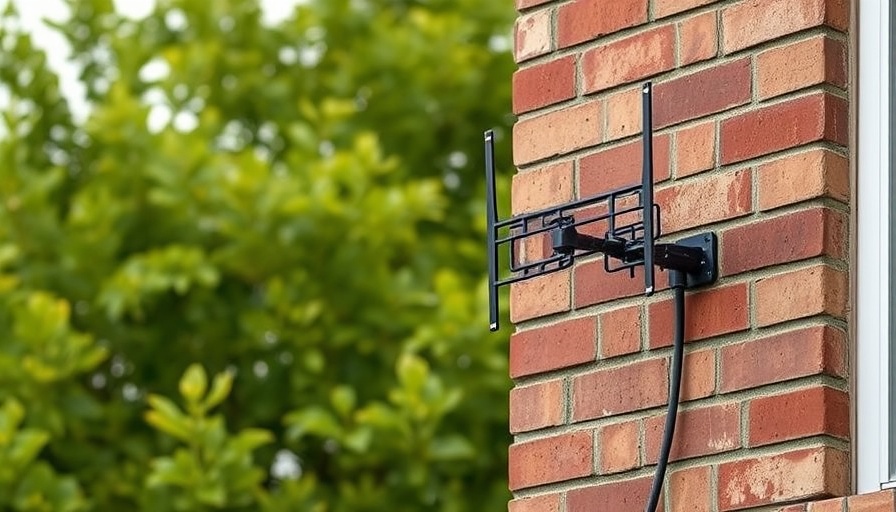 Outdoor over-the-air TV antenna against brick wall with greenery.