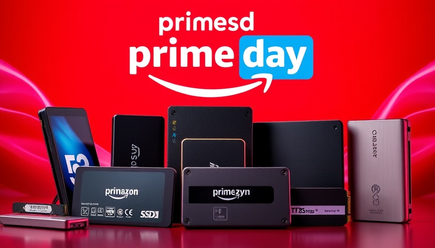 Prime Day SSD deals graphic with storage devices on red background.