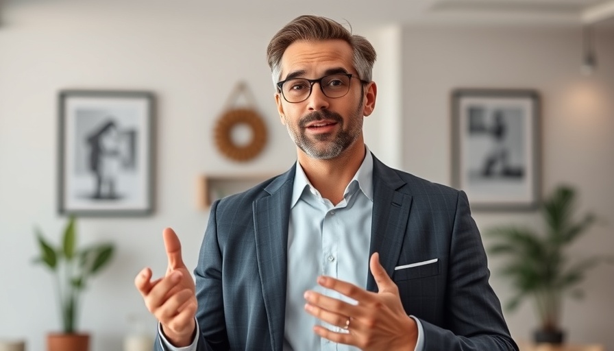 Confident man explains downsize home benefits indoors.