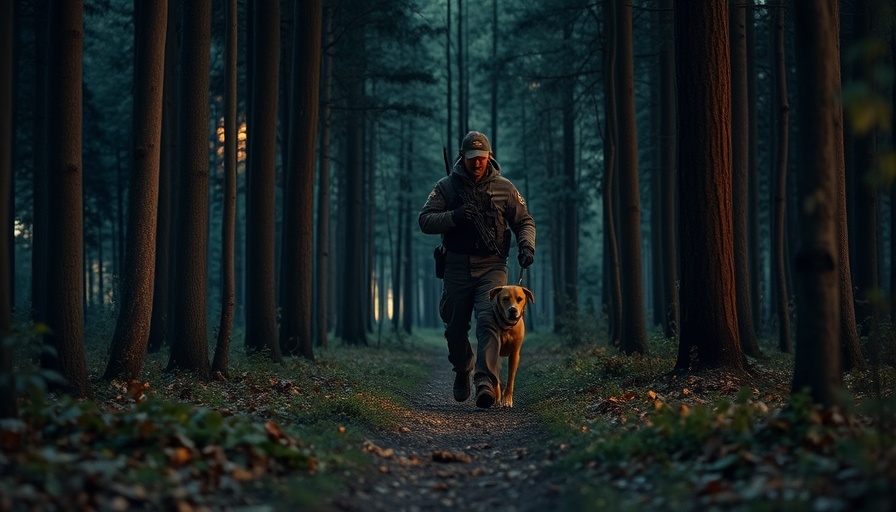 Dog leads officer to missing elderly woman in forest at dusk.