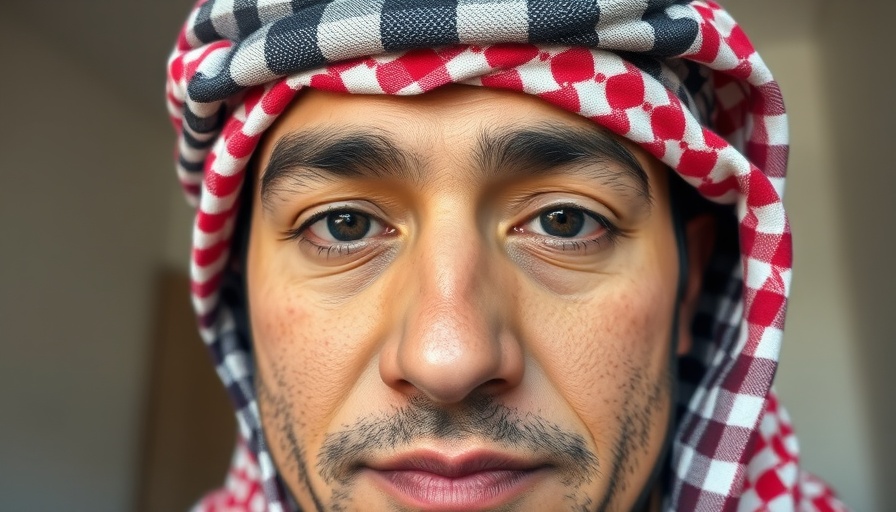 Close-up of an unidentified man in a headscarf in a news context.