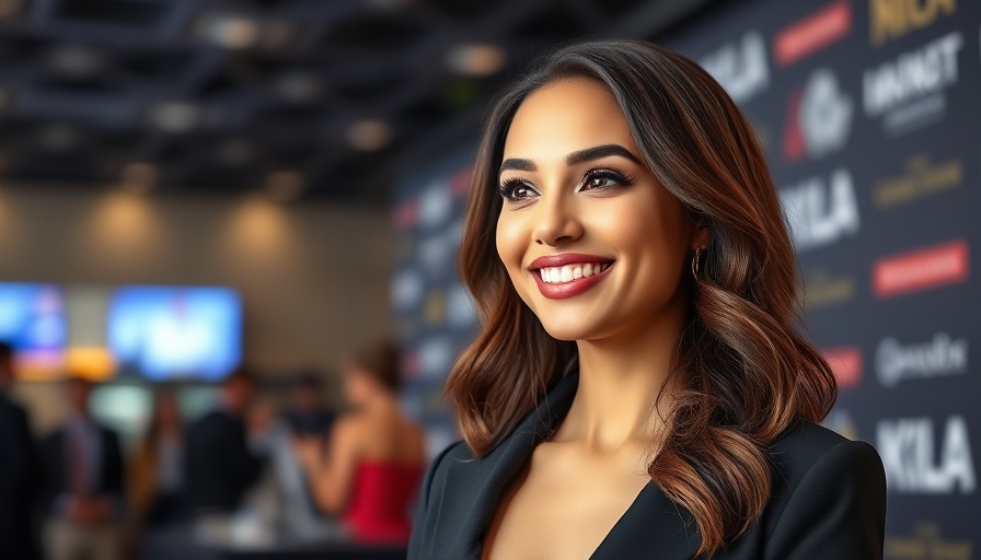 Elegantly styled woman attending event with backdrop logos