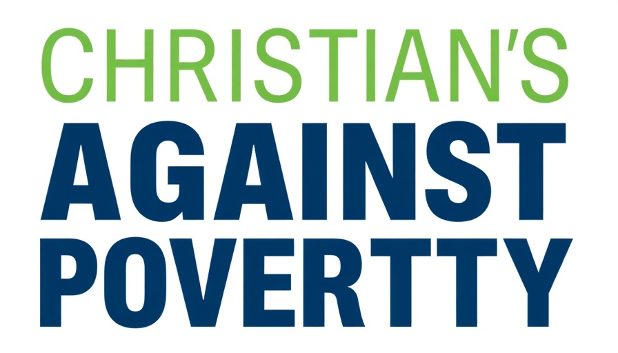 Minimalistic Christians Against Poverty logo on navy background for Friends of CAP evening.