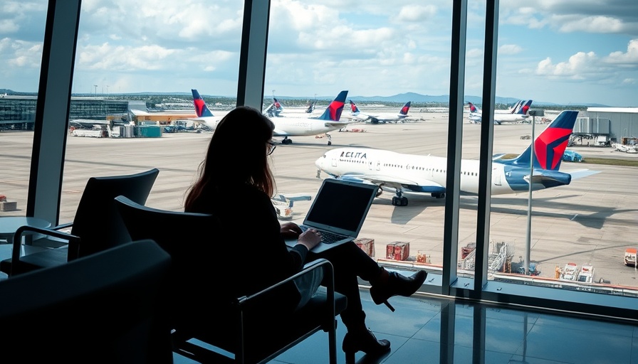 Delta premium travel sales projection at airport lounge with tarmac view.