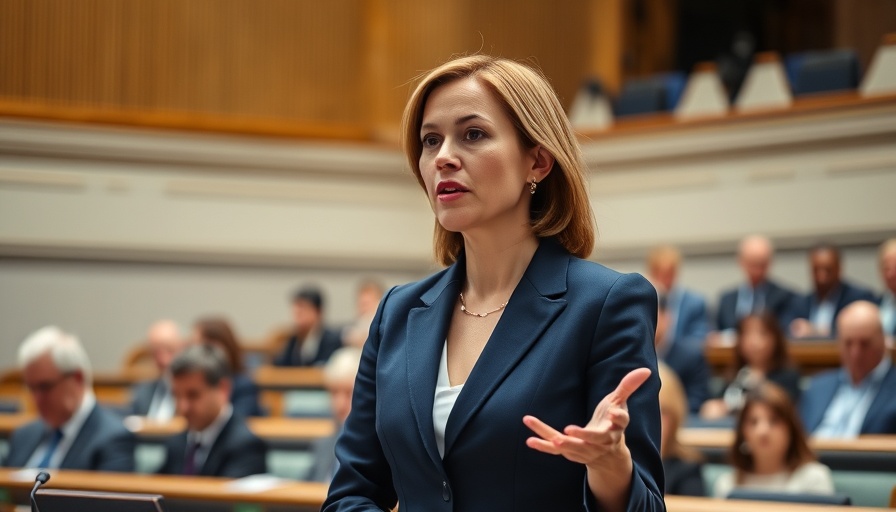 Confident woman speaking in a parliament meeting about cutting stamp duty in budget.