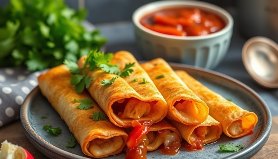 Golden crispy chicken taquitos with cilantro and salsa.