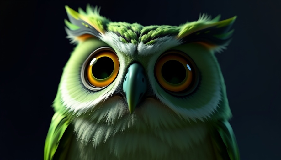 Close-up of green cartoon owl with glowing eyes.