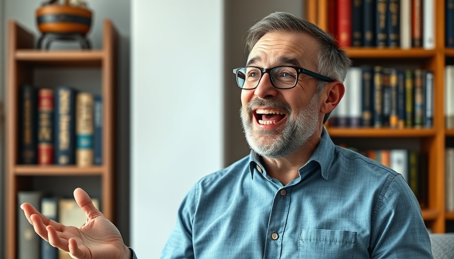 Smiling man discussing investing for time freedom near bookshelf.