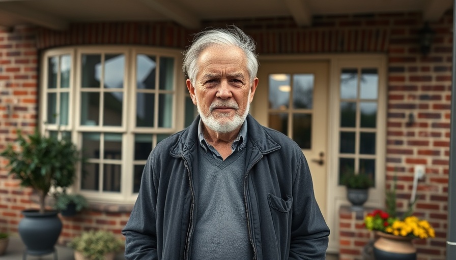 Confident elderly man outside brick house veranda