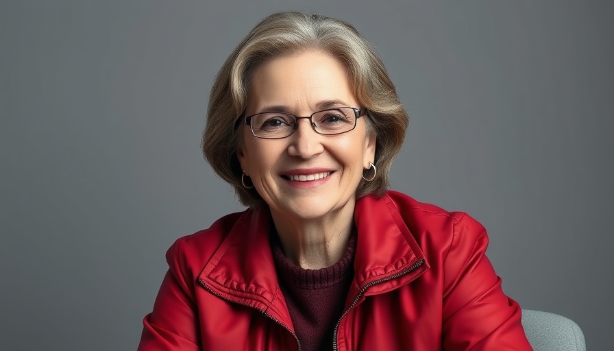Middle-aged woman smiling confidently in a red jacket.