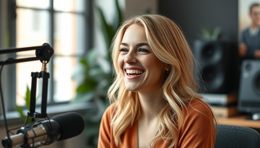 Blonde woman discussing the perfect paint shade in a podcast studio.