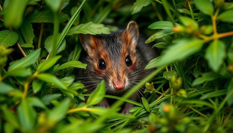 Brown rat peeking through grass in natural UK habitat.