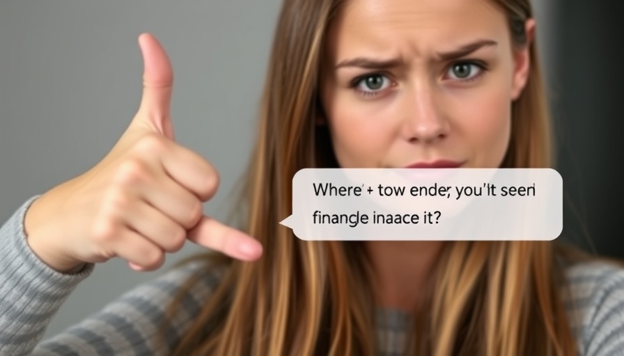Young woman showing thumbs down with finance query overlay.