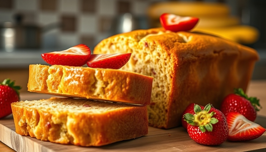 Freshly baked strawberry cottage cheese banana bread with strawberry slices.