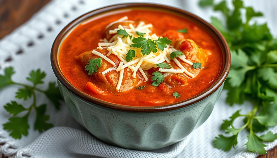 Delicious hearty stuffed pepper soup topped with cheese and herbs.
